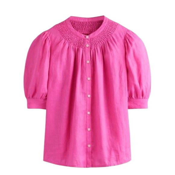 Boden 100% Linen Smocked Button Up Blouse Womens 10 Pink Puff Sleeves - Picture 2 of 10